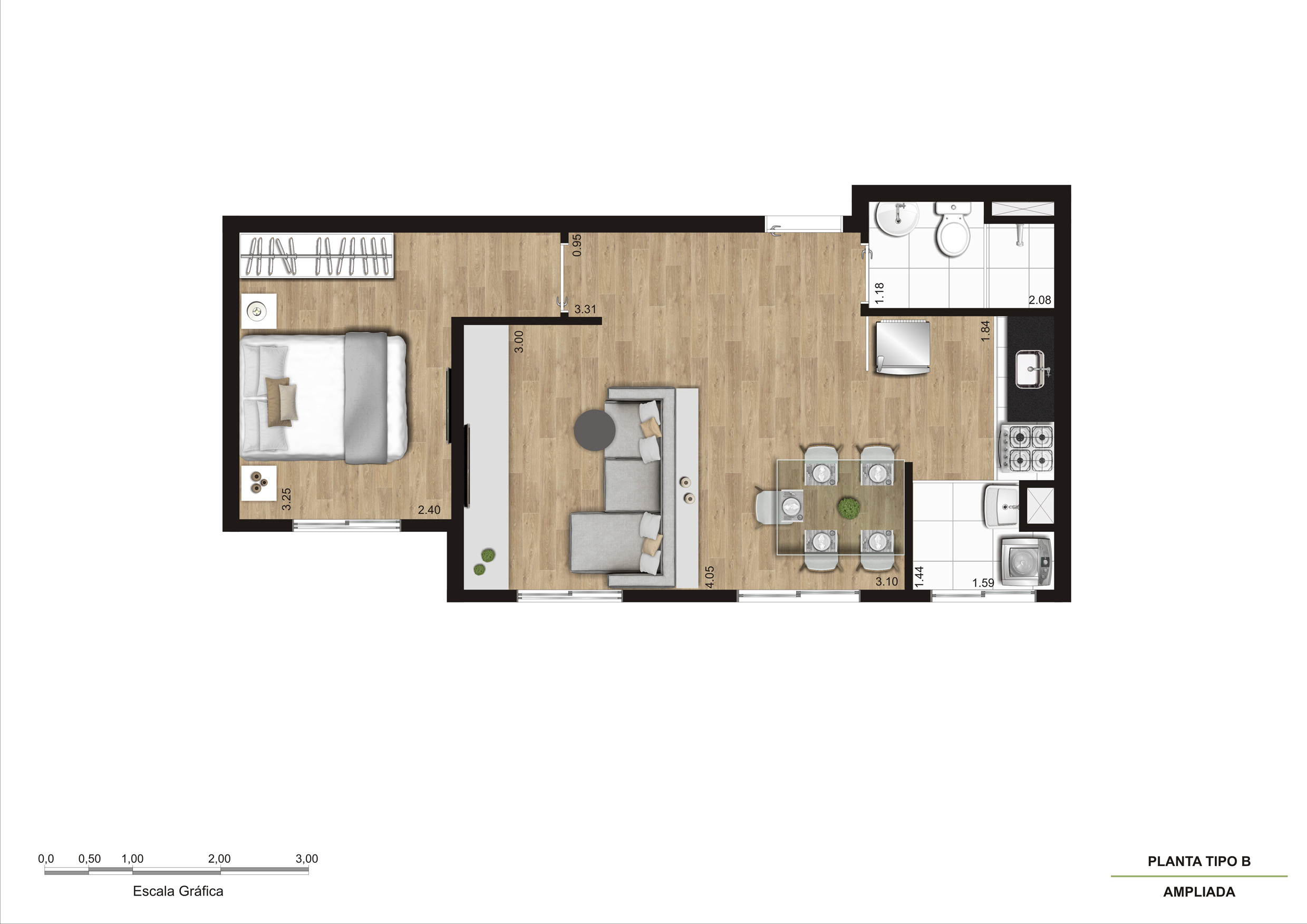Planta Tipo B | 1 Quarto - Ampliada