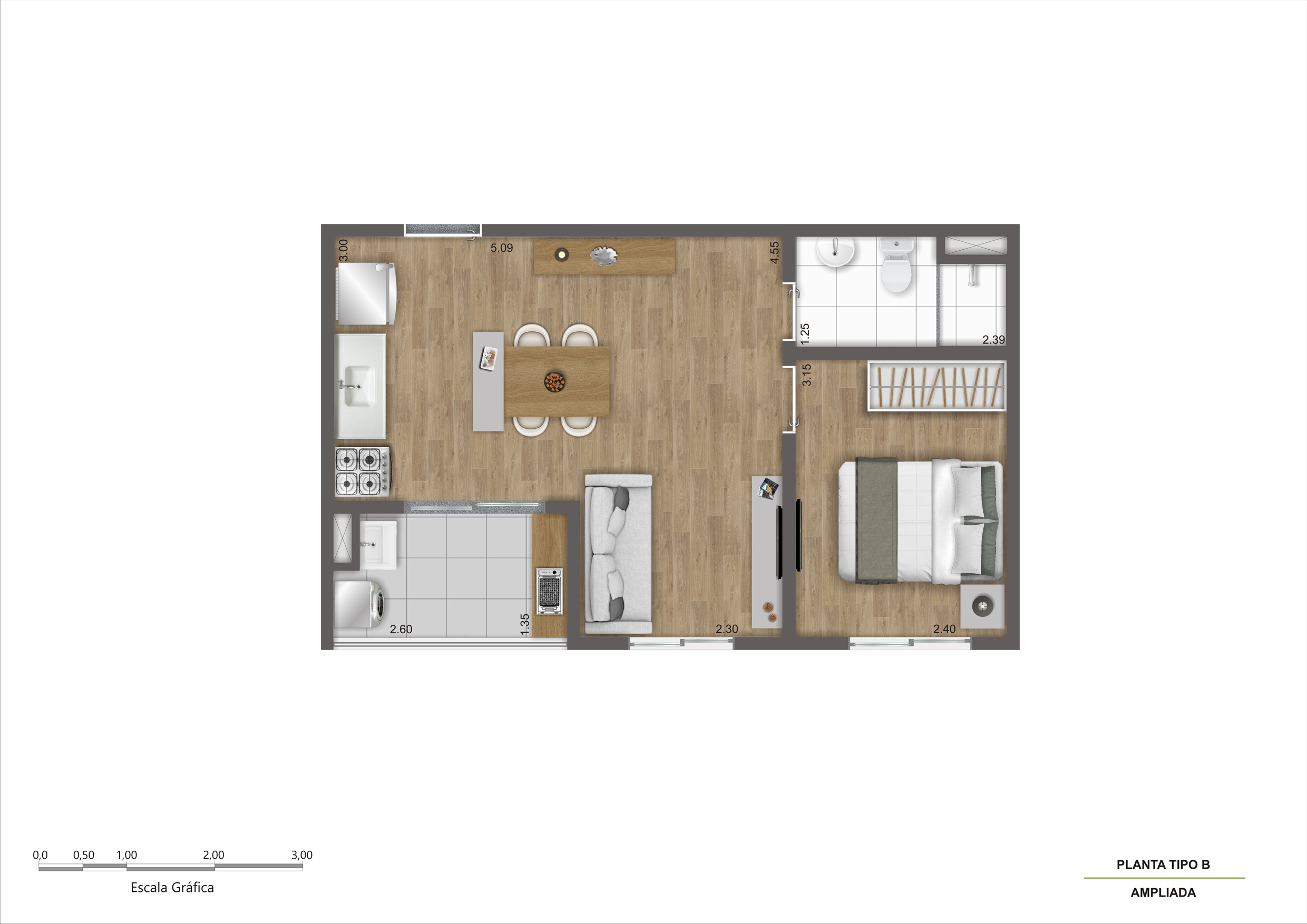 Planta Tipo B - 1 Dorm - 37m² - Ampliada R00