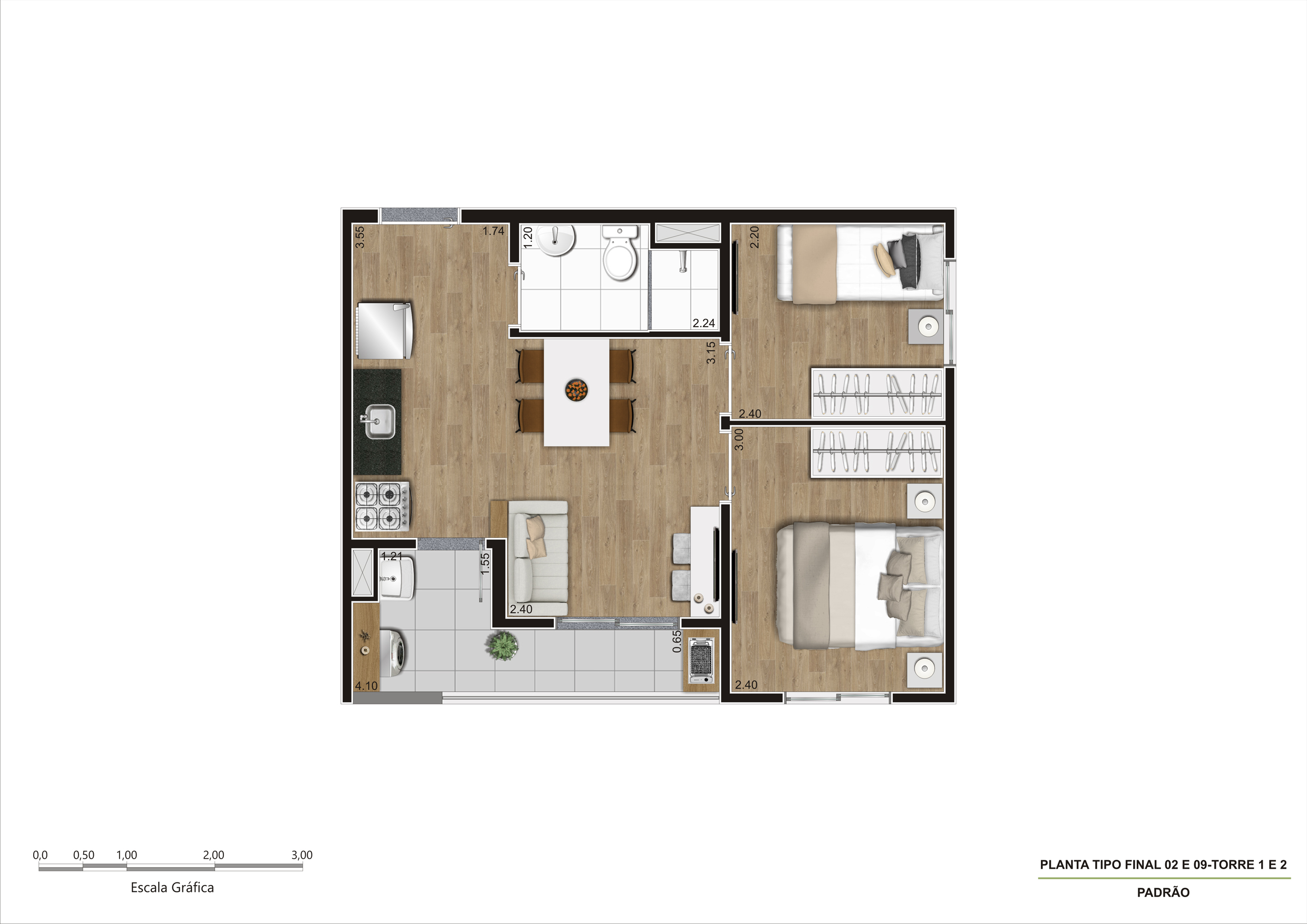 Planta Tipo A - 38m² - 2 Dorm - REV00