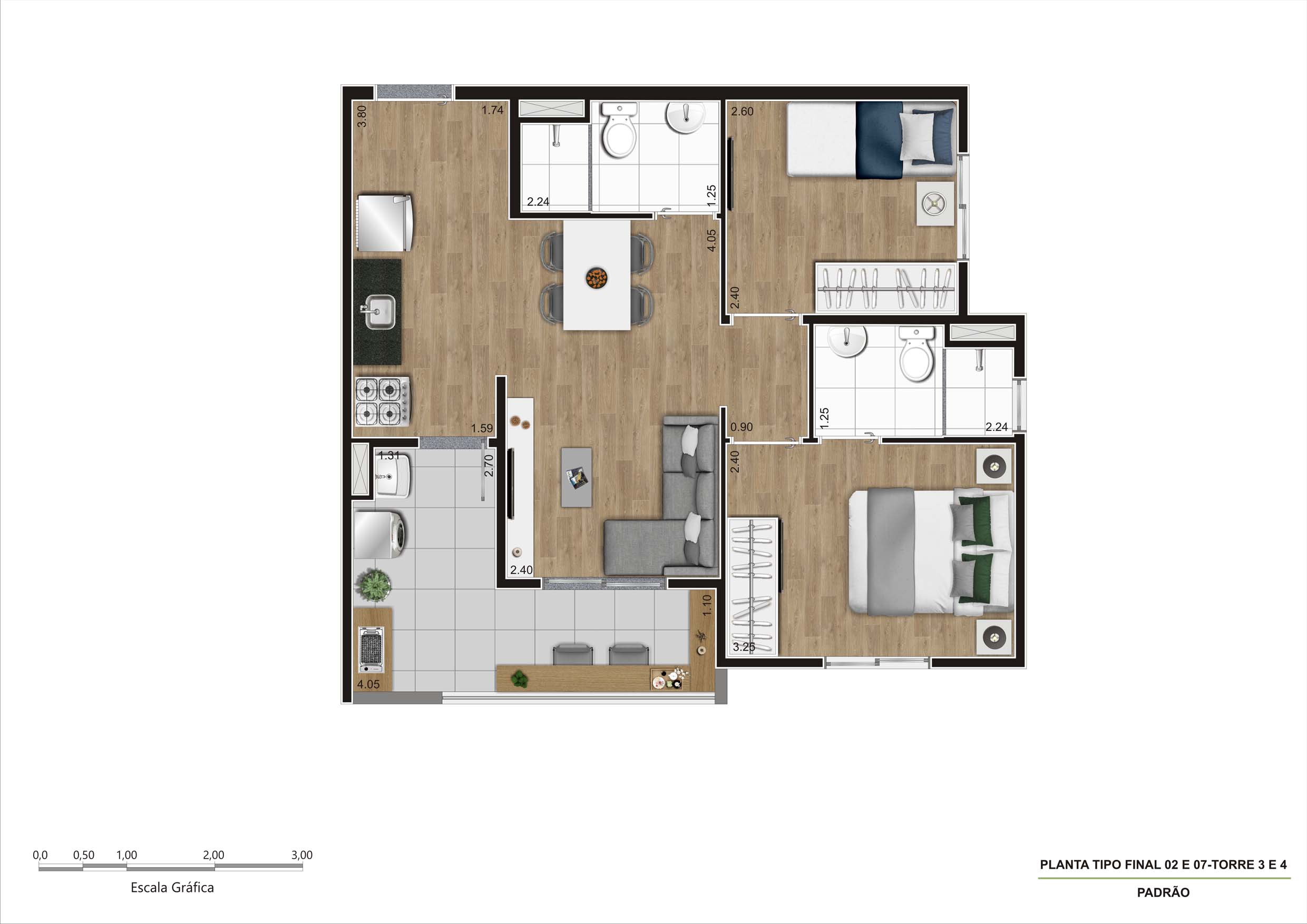 Planta Tipo C - 50m² - 2 Dorm - REV00